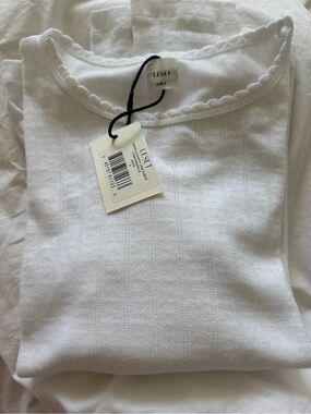 LESET White Scalloped Neck pointelle long sleeve Top size small